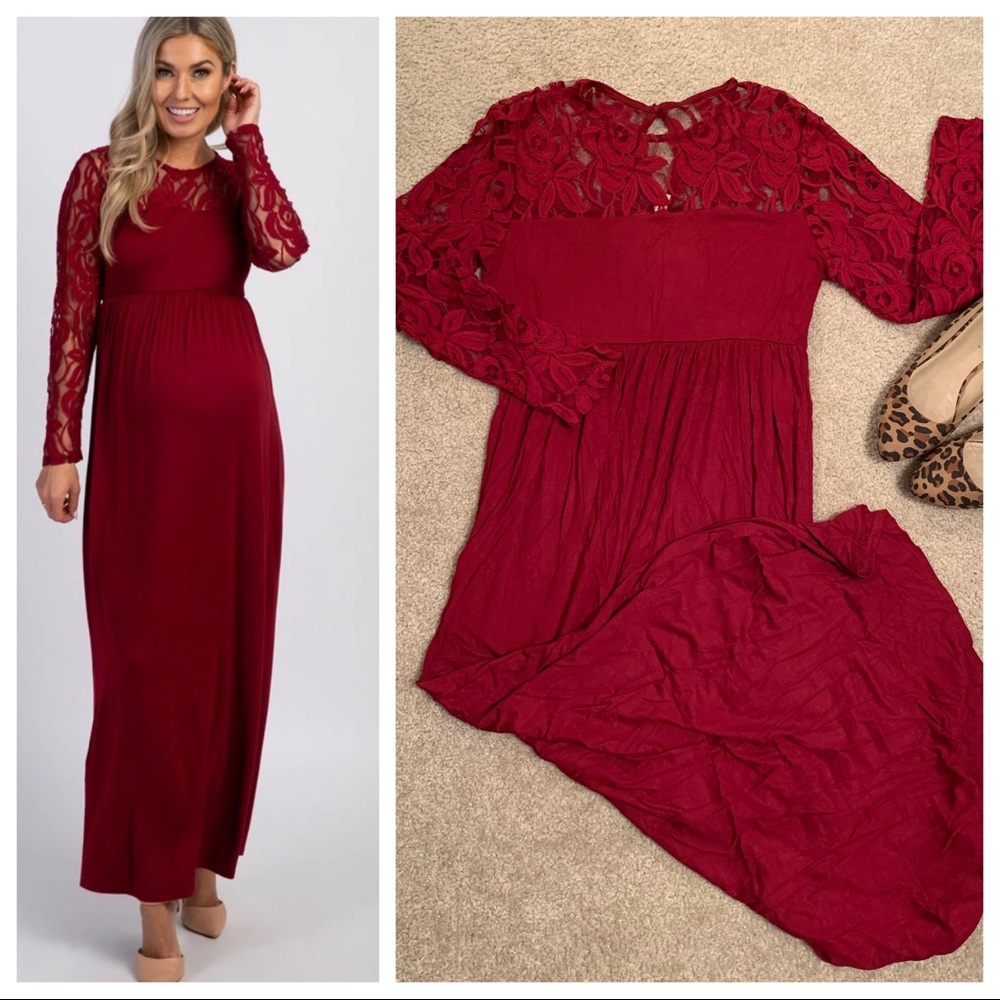 PinkBlush | Burgundy Lace Sleeve Maternity Maxi